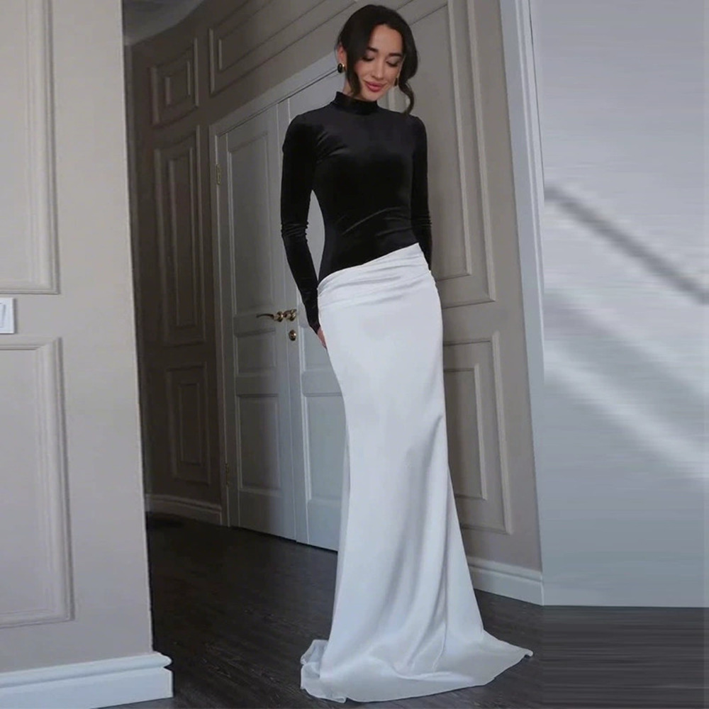 Forever 21 Black and White Colorblock Long-Sleeve Slim-Fit Floor Length Dress